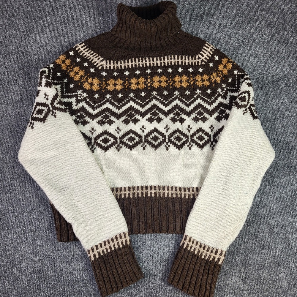 American Eagle Women S Brown White Fair Isle Turtleneck Cropped Sweater Nordic